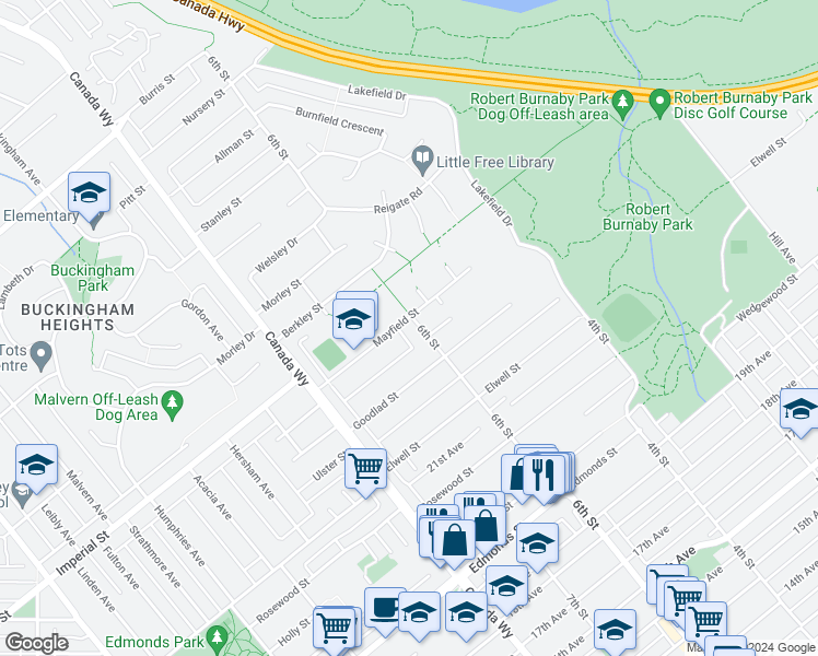 map of restaurants, bars, coffee shops, grocery stores, and more near 6185 6th Street in Burnaby