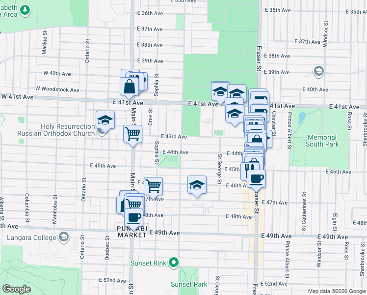 map of restaurants, bars, coffee shops, grocery stores, and more near 5980 Prince Edward Street in Vancouver