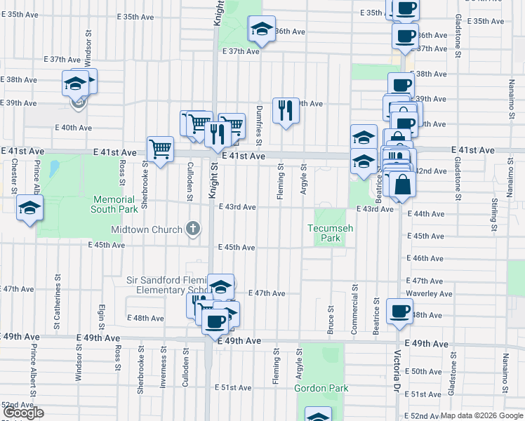 map of restaurants, bars, coffee shops, grocery stores, and more near 5908 Dumfries Street in Vancouver
