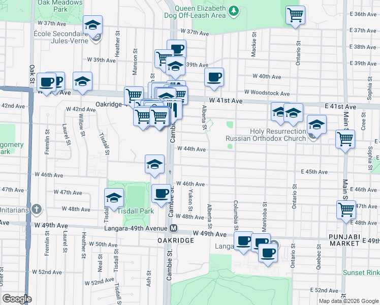 map of restaurants, bars, coffee shops, grocery stores, and more near 426 West 44th Avenue in Vancouver