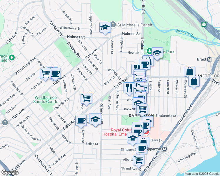 map of restaurants, bars, coffee shops, grocery stores, and more near 429 East 8th Avenue in New Westminster