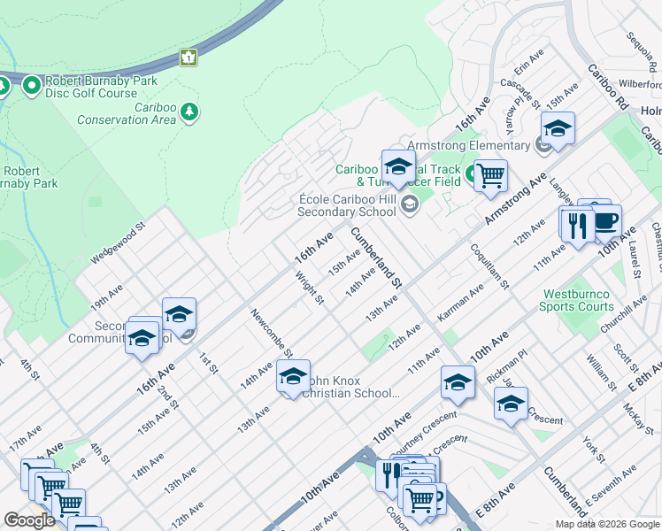 map of restaurants, bars, coffee shops, grocery stores, and more near 8445 15th Avenue in Burnaby