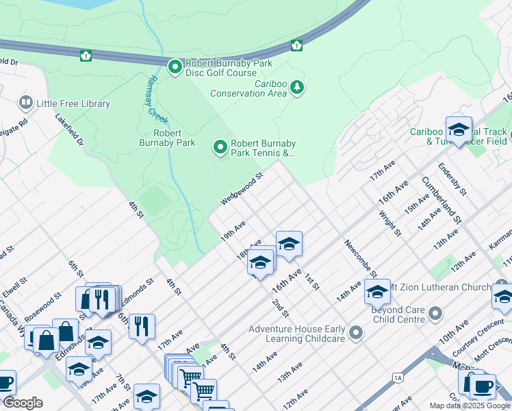 map of restaurants, bars, coffee shops, grocery stores, and more near 7268 1st Street in Burnaby