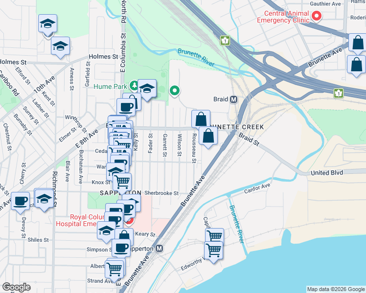 map of restaurants, bars, coffee shops, grocery stores, and more near 454 Wilson Street in New Westminster