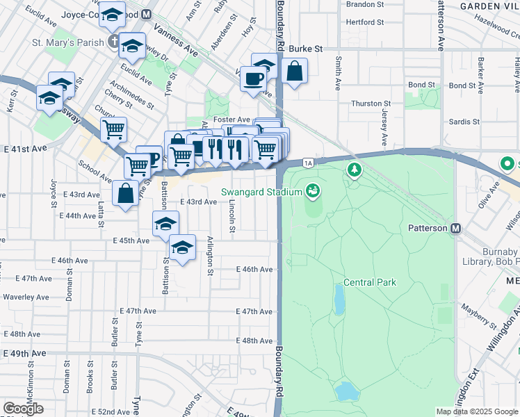 map of restaurants, bars, coffee shops, grocery stores, and more near 5884 Ormidale Street in Vancouver