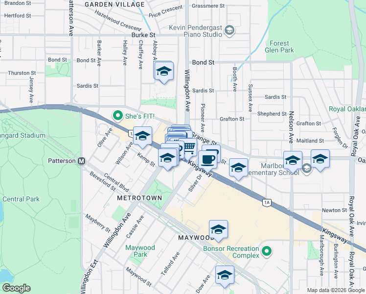 map of restaurants, bars, coffee shops, grocery stores, and more near 4508 Hazel Street in Burnaby