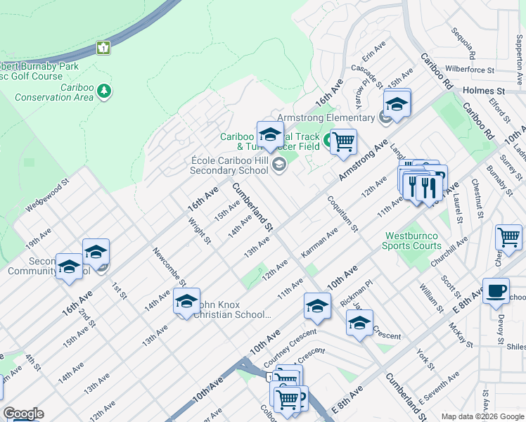 map of restaurants, bars, coffee shops, grocery stores, and more near 7658 Cumberland Street in Burnaby