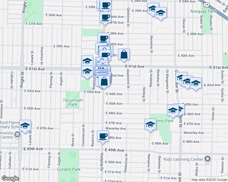 map of restaurants, bars, coffee shops, grocery stores, and more near in Vancouver