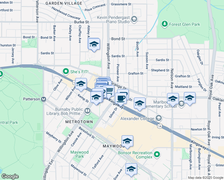map of restaurants, bars, coffee shops, grocery stores, and more near 4508 Hazel Street in Burnaby