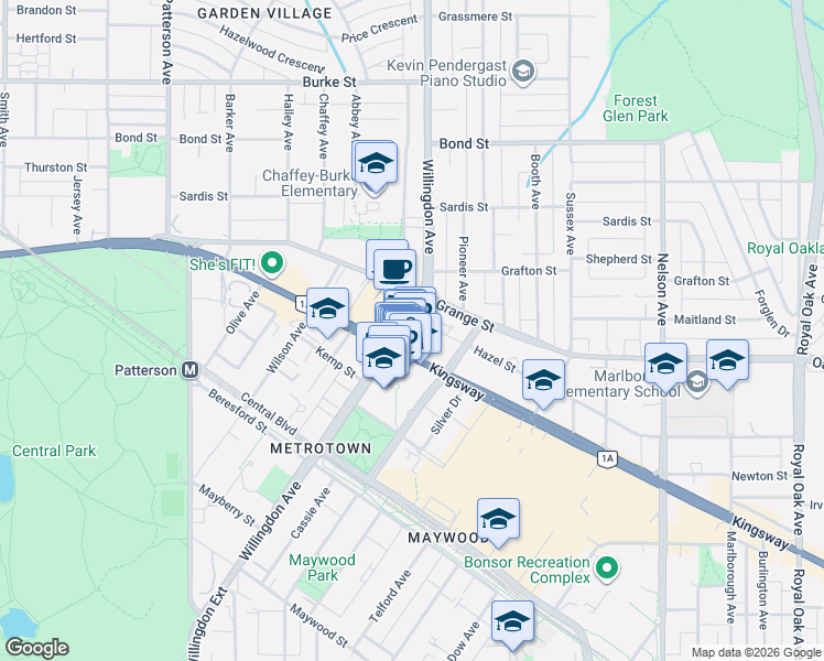 map of restaurants, bars, coffee shops, grocery stores, and more near 4508 Hazel Street in Burnaby