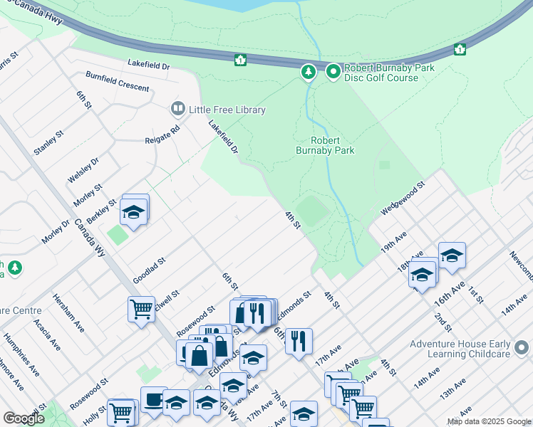 map of restaurants, bars, coffee shops, grocery stores, and more near 7985 Elwell Street in Burnaby