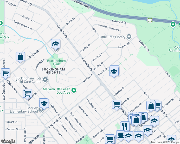 map of restaurants, bars, coffee shops, grocery stores, and more near 6479 Canada Way in Burnaby