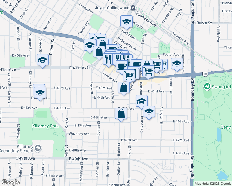 map of restaurants, bars, coffee shops, grocery stores, and more near 3320 East 43rd Avenue in Vancouver