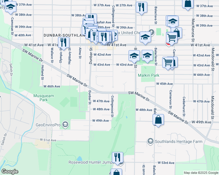 map of restaurants, bars, coffee shops, grocery stores, and more near 6171 Collingwood Street in Vancouver