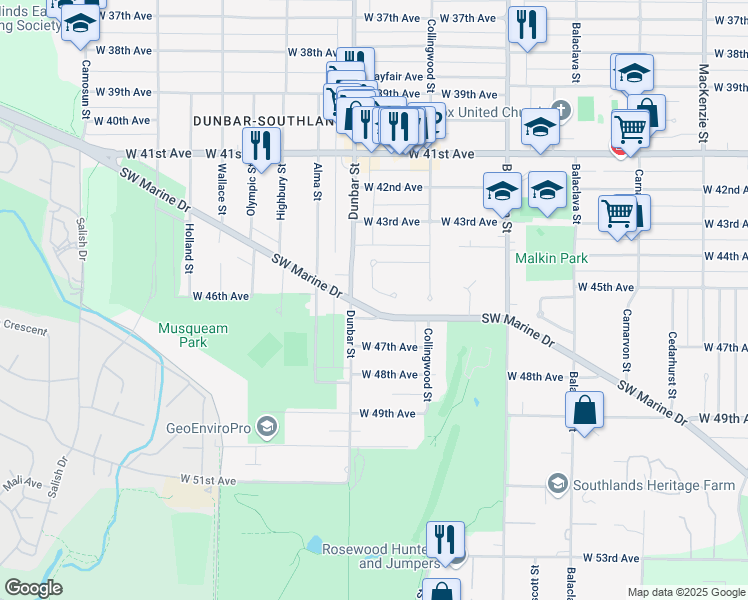 map of restaurants, bars, coffee shops, grocery stores, and more near 6137 Collingwood Place in Vancouver