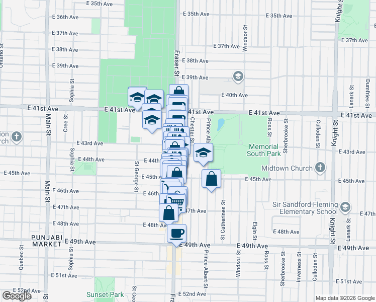 map of restaurants, bars, coffee shops, grocery stores, and more near 5925 Chester Street in Vancouver