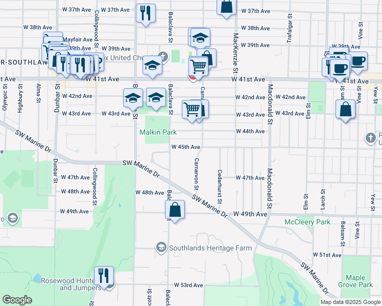 map of restaurants, bars, coffee shops, grocery stores, and more near 3060 West 45th Avenue in Vancouver