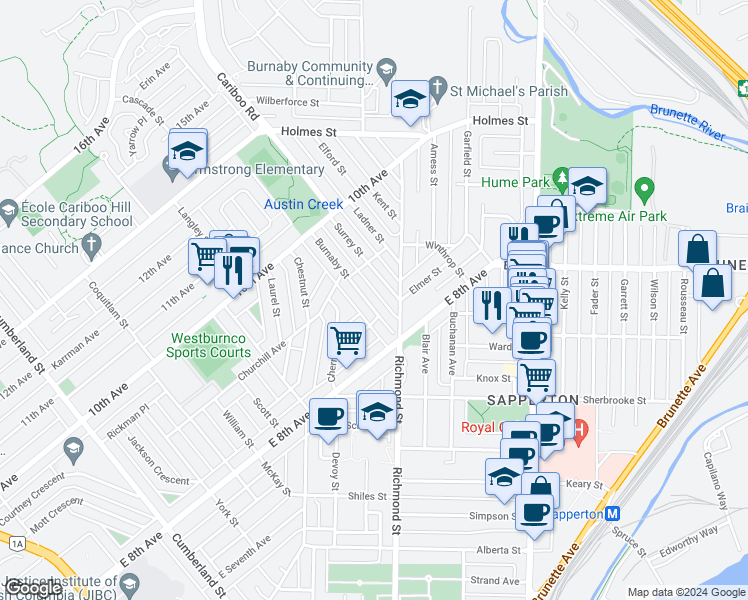 map of restaurants, bars, coffee shops, grocery stores, and more near 827 Burnaby Street in New Westminster