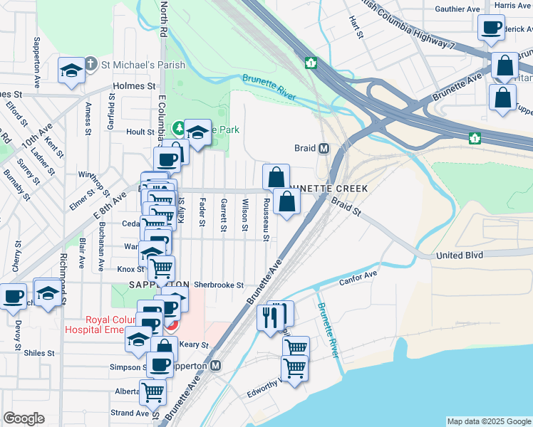 map of restaurants, bars, coffee shops, grocery stores, and more near Rousseau Street in New Westminster