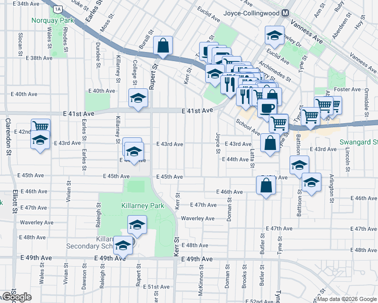 map of restaurants, bars, coffee shops, grocery stores, and more near 5838 Kerr Street in Vancouver