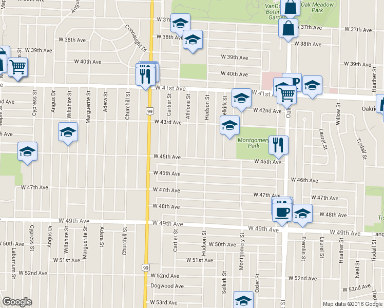 map of restaurants, bars, coffee shops, grocery stores, and more near in Vancouver