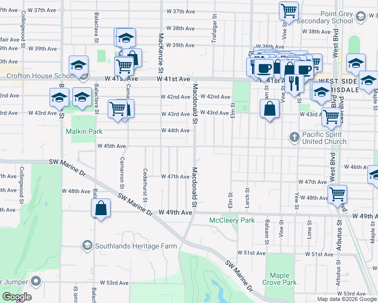 map of restaurants, bars, coffee shops, grocery stores, and more near 6161 Macdonald Street in Vancouver