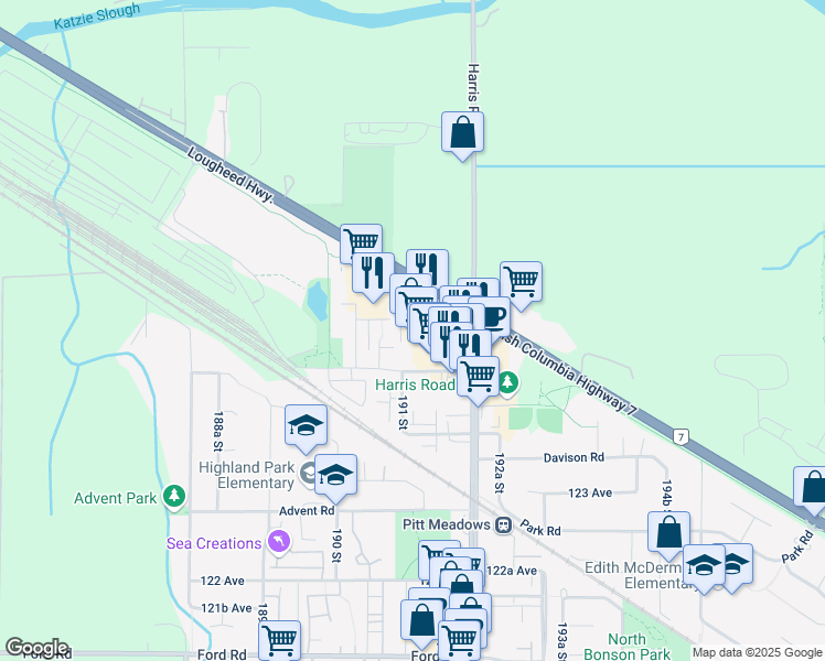 map of restaurants, bars, coffee shops, grocery stores, and more near 19150 Lougheed Highway in Pitt Meadows