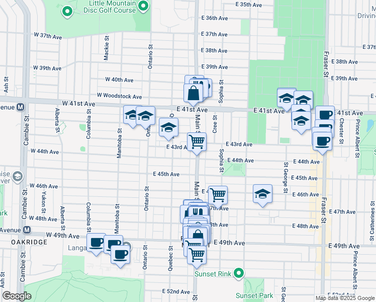 map of restaurants, bars, coffee shops, grocery stores, and more near 162 East 43rd Avenue in Vancouver