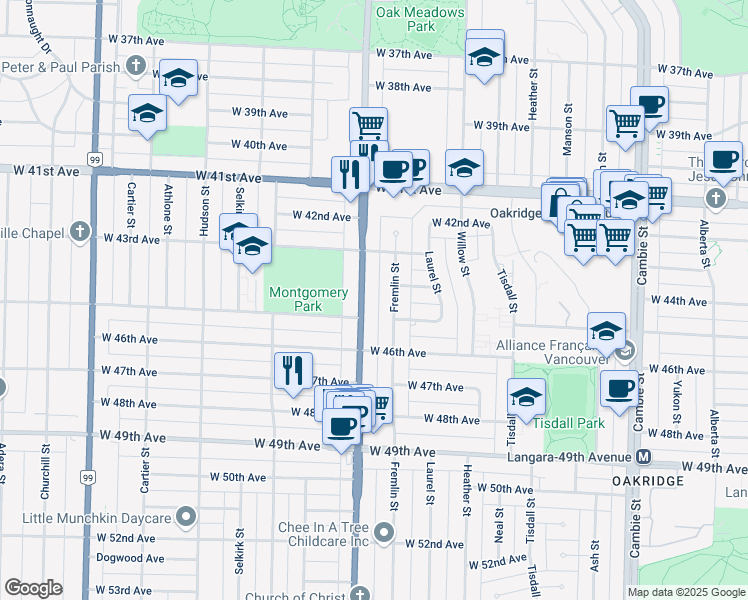 map of restaurants, bars, coffee shops, grocery stores, and more near 6030 Oak Street in Vancouver