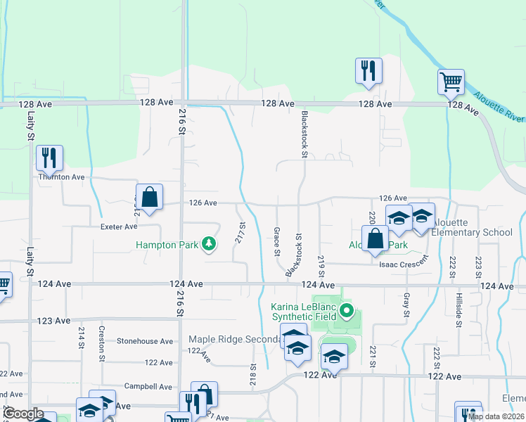 map of restaurants, bars, coffee shops, grocery stores, and more near 21794 126 Avenue in Maple Ridge