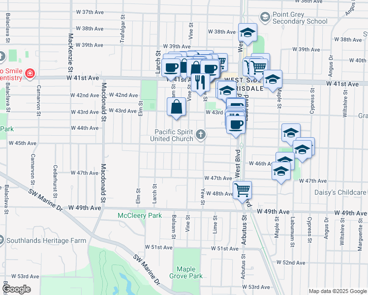 map of restaurants, bars, coffee shops, grocery stores, and more near 2336 West 45th Avenue in Vancouver