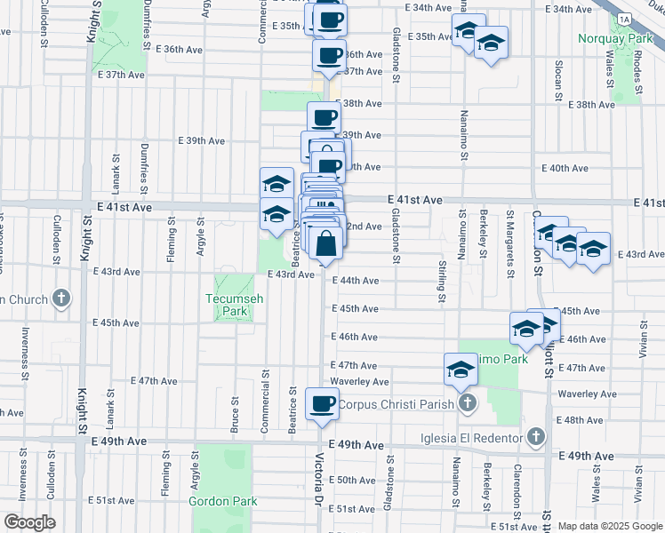 map of restaurants, bars, coffee shops, grocery stores, and more near in Vancouver