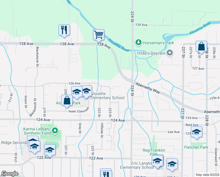 map of restaurants, bars, coffee shops, grocery stores, and more near 12566 223 Street in Maple Ridge