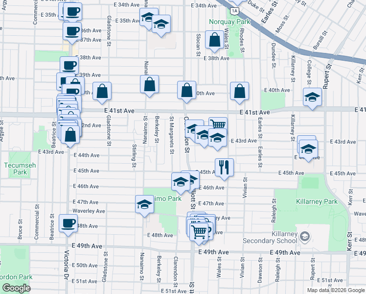 map of restaurants, bars, coffee shops, grocery stores, and more near 5835 Clarendon Street in Vancouver