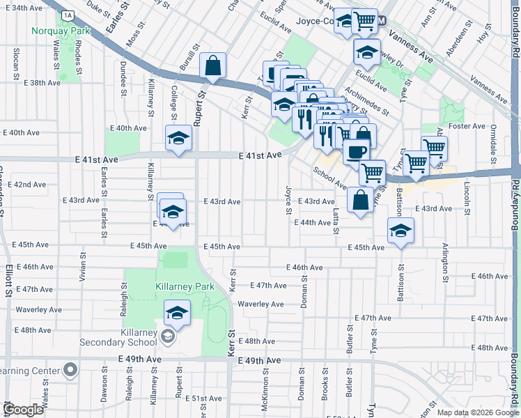 map of restaurants, bars, coffee shops, grocery stores, and more near 5829 McKinnon Street in Vancouver