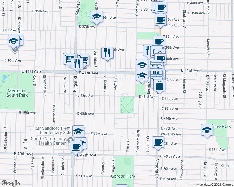map of restaurants, bars, coffee shops, grocery stores, and more near in Vancouver