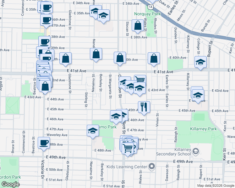 map of restaurants, bars, coffee shops, grocery stores, and more near 5835 Clarendon Street in Vancouver
