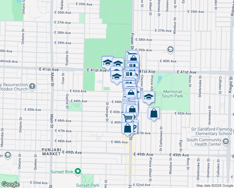 map of restaurants, bars, coffee shops, grocery stores, and more near 580 East 43rd Avenue in Vancouver