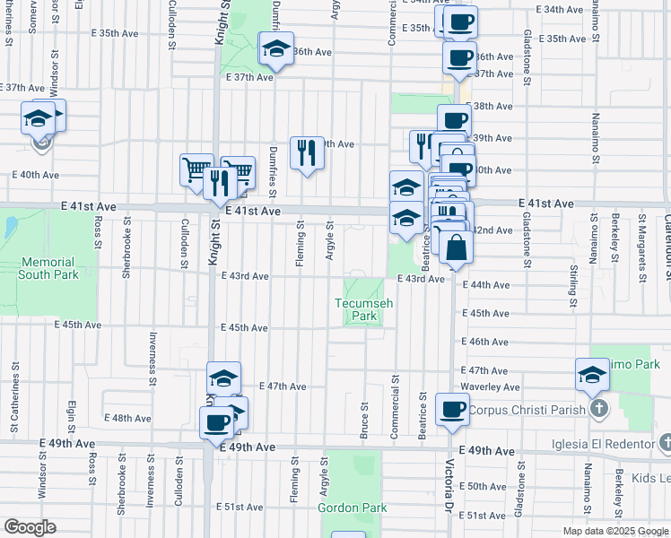 map of restaurants, bars, coffee shops, grocery stores, and more near 5878 Argyle Street in Vancouver