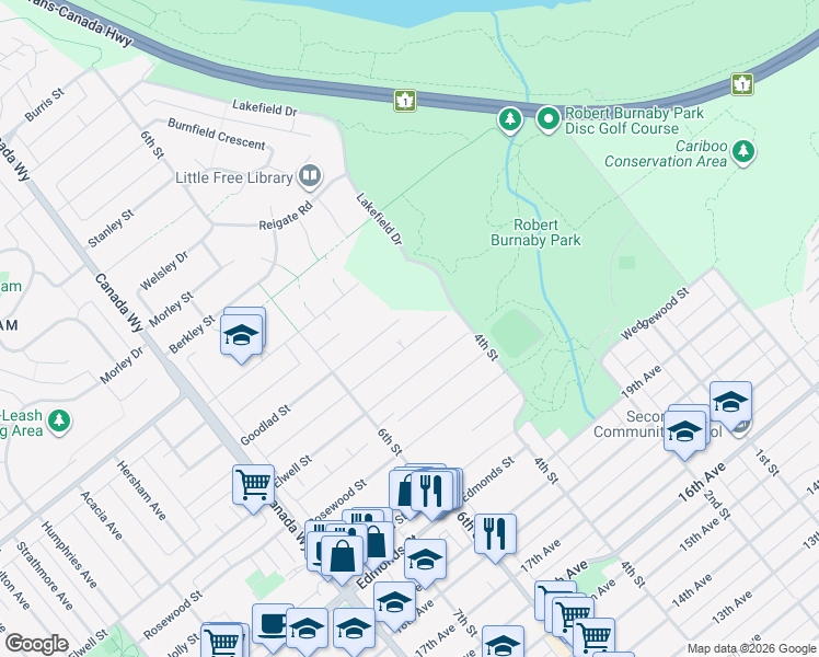 map of restaurants, bars, coffee shops, grocery stores, and more near 7970 Goodlad Street in Burnaby