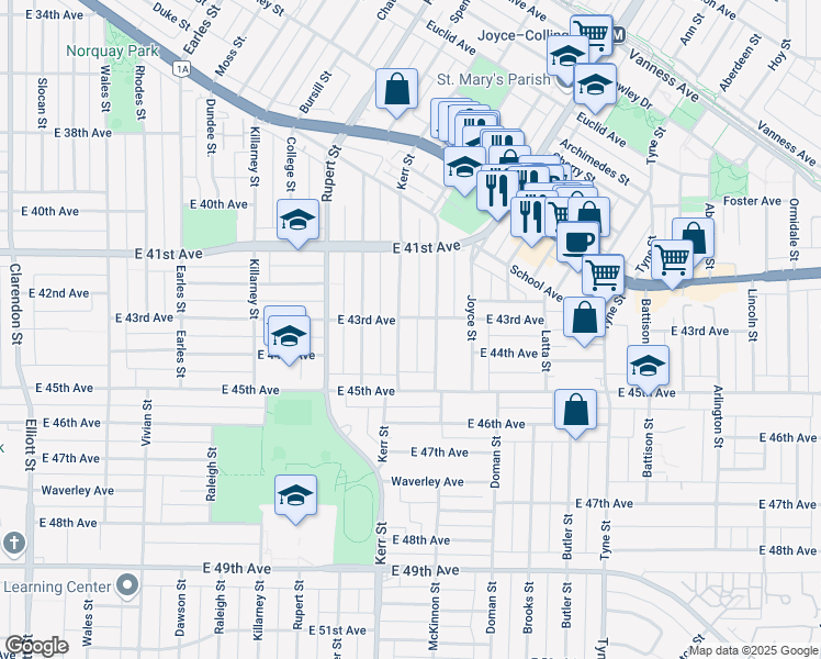 map of restaurants, bars, coffee shops, grocery stores, and more near 5828 Kerr Street in Vancouver
