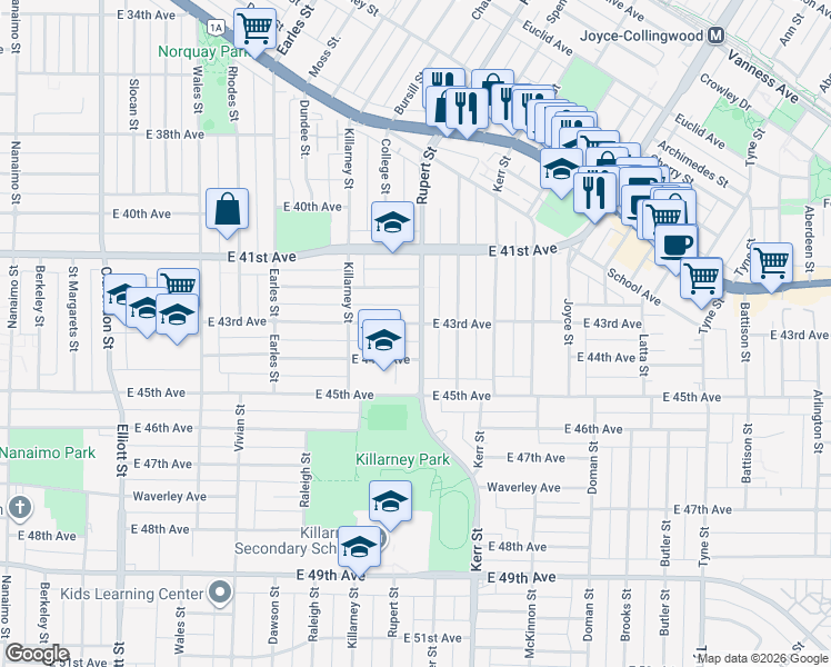 map of restaurants, bars, coffee shops, grocery stores, and more near 2994 East 43rd Avenue in Vancouver