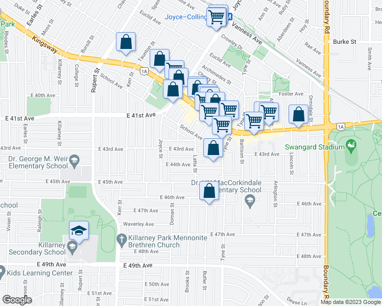 map of restaurants, bars, coffee shops, grocery stores, and more near 3292 East 43rd Avenue in Vancouver