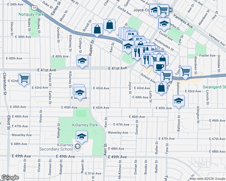 map of restaurants, bars, coffee shops, grocery stores, and more near 5828 Kerr Street in Vancouver