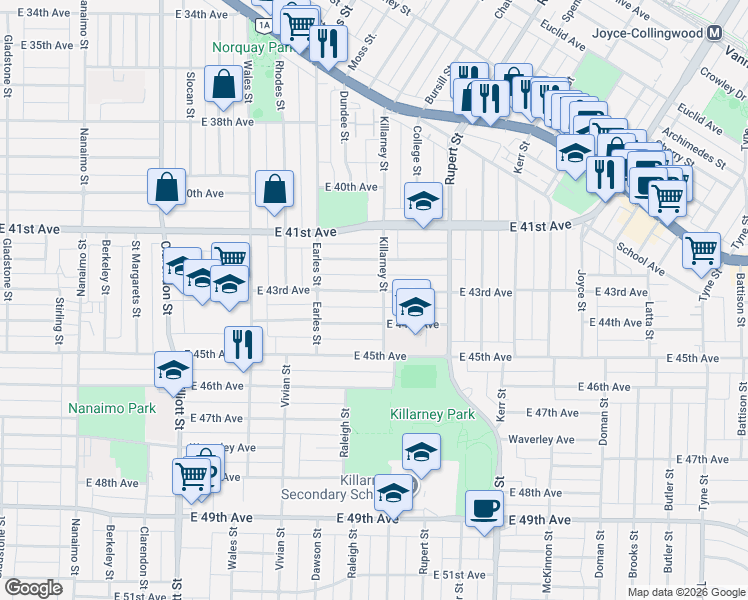 map of restaurants, bars, coffee shops, grocery stores, and more near in Vancouver