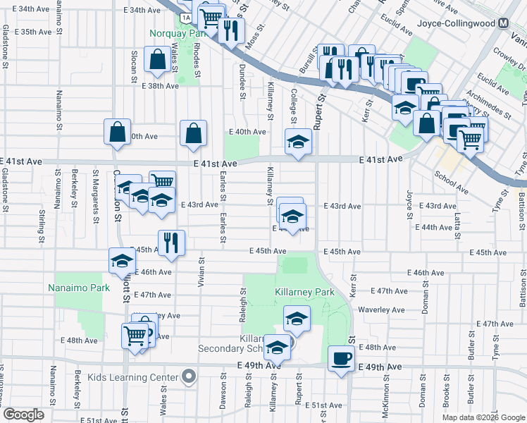 map of restaurants, bars, coffee shops, grocery stores, and more near 2894 East 43rd Avenue in Vancouver