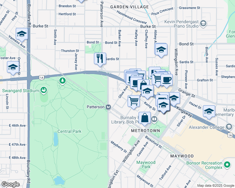 map of restaurants, bars, coffee shops, grocery stores, and more near 5812 Patterson Avenue in Burnaby