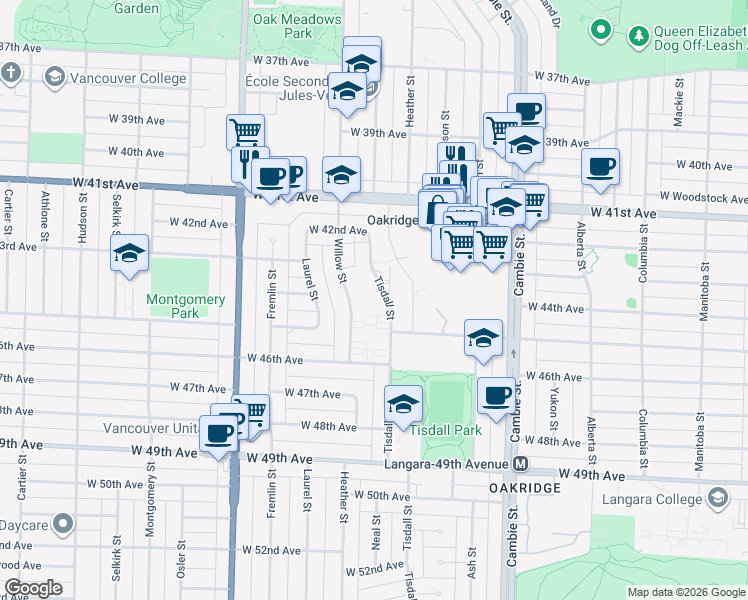 map of restaurants, bars, coffee shops, grocery stores, and more near 6015 Tisdall Street in Vancouver