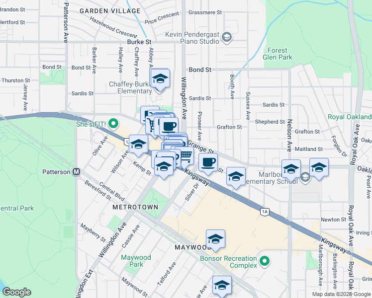 map of restaurants, bars, coffee shops, grocery stores, and more near 4505 Hazel Street in Burnaby