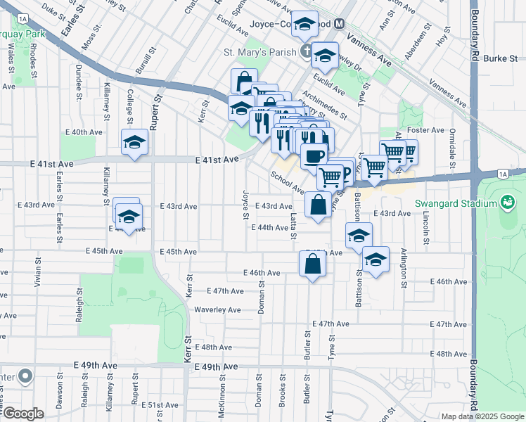 map of restaurants, bars, coffee shops, grocery stores, and more near 3232 East 43rd Avenue in Vancouver